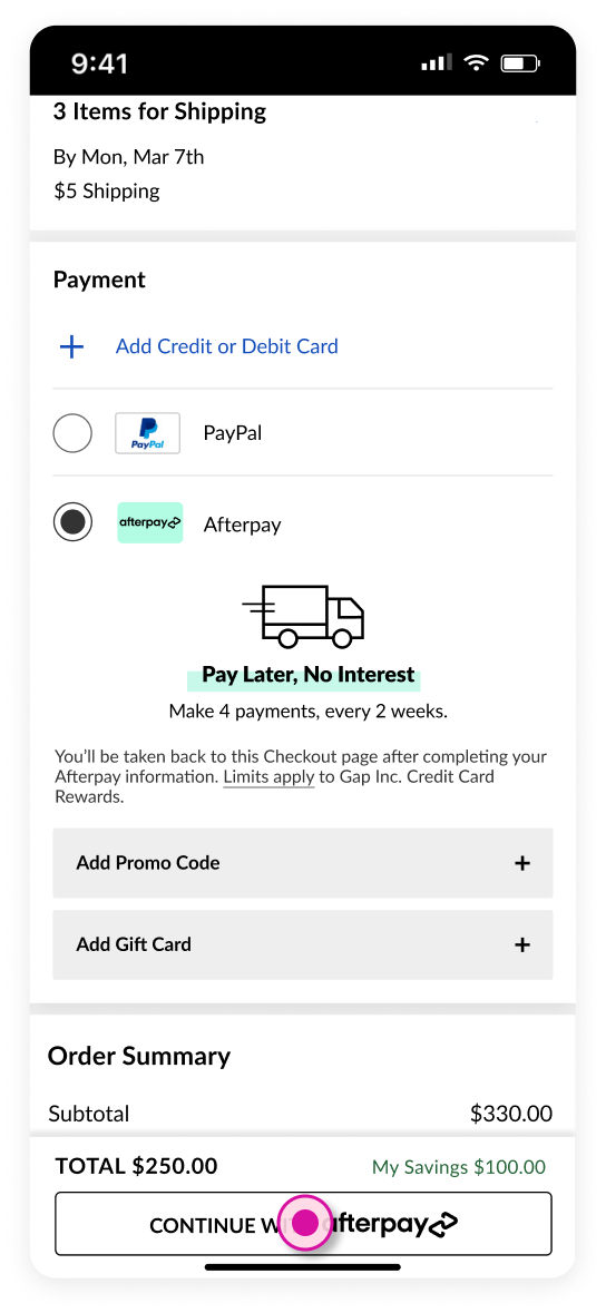 guest flow: afterpay